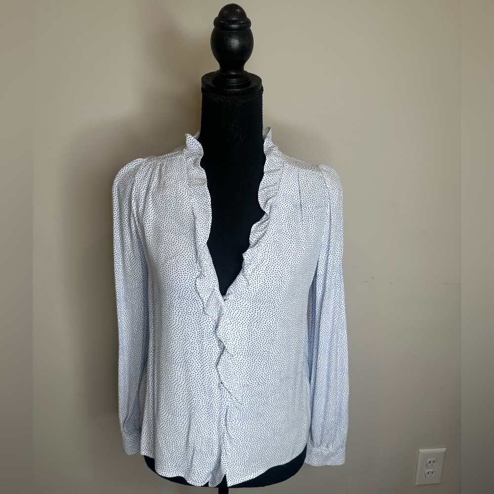 ROLLA’S white with blue mini spot Lily ruffled button up